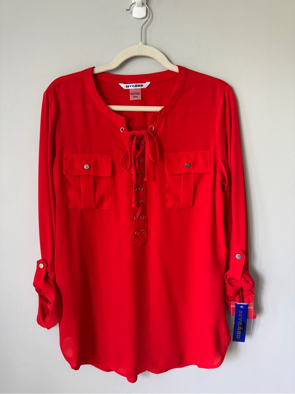 Evgard Red Lace-Up Utility Blouse